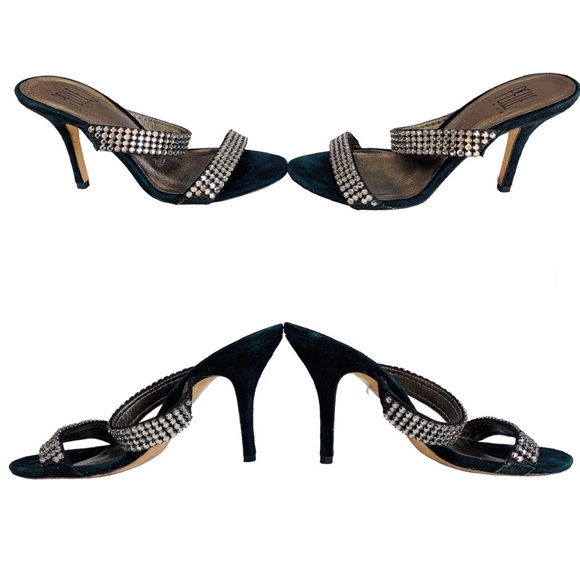 Black Suede Dressy Formal Sexy High Heel Leather Sandals Rhinestone Size 7.5 EUC - Picture 3 of 6